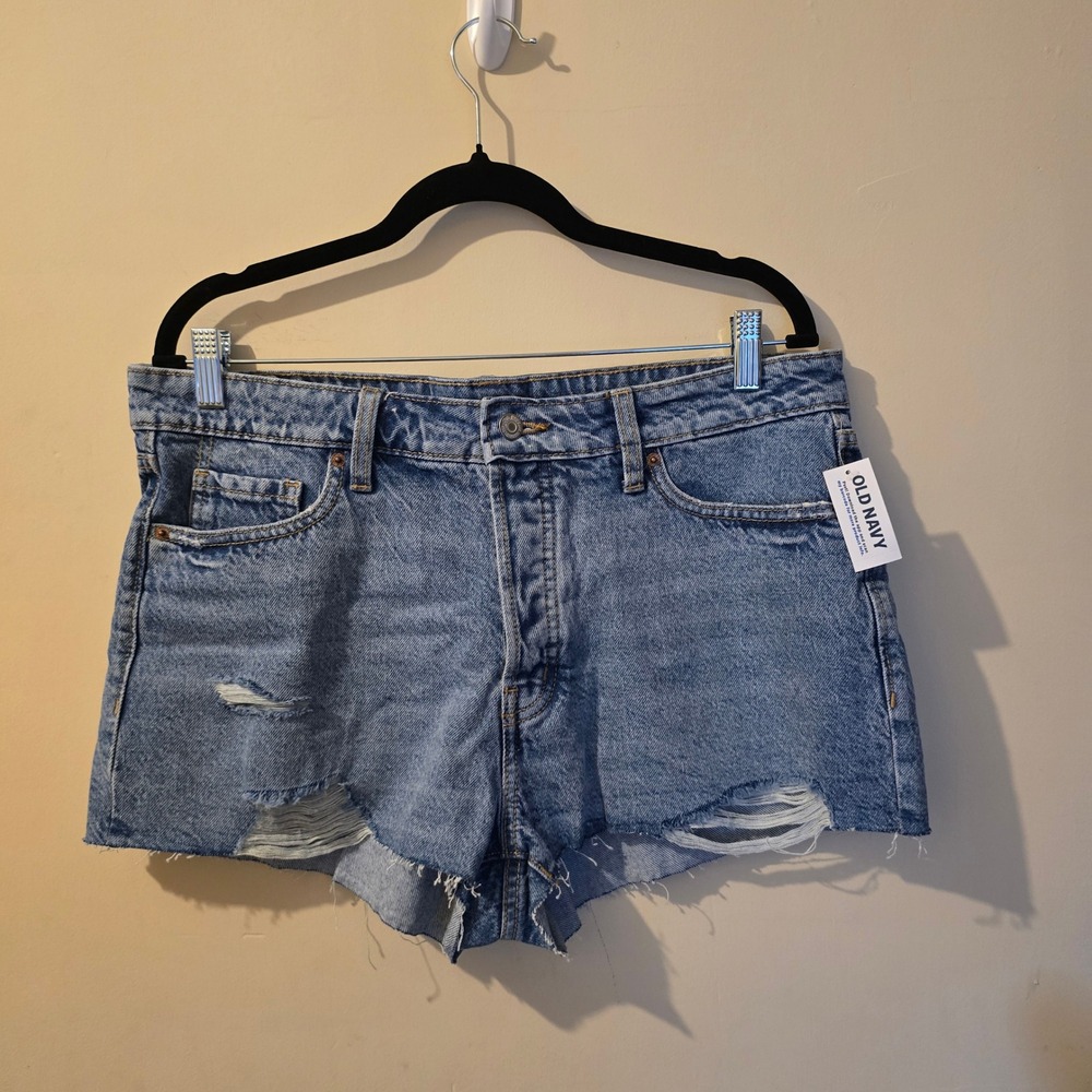 Old Navy OG Straight High Rise Distressed Denim Shorts Blue Women 12 NWT